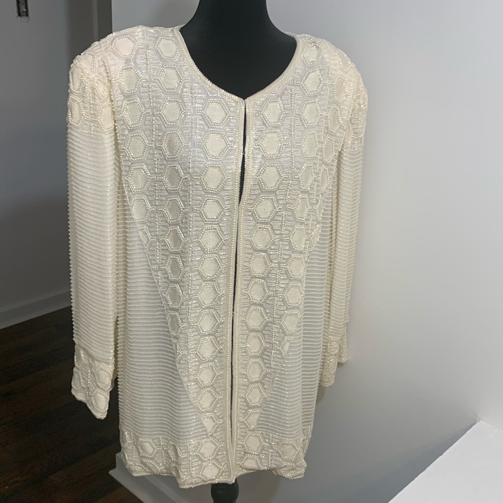 100% silk white iridescent beaded and pearl blazer